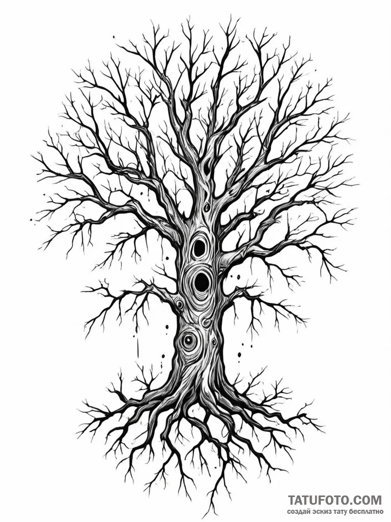 Tattoo sketch, old tree, data-flowing sap, an… — эскиз тату (№1752476259_0, 14.07.2025 06:57) — Tatufoto.com