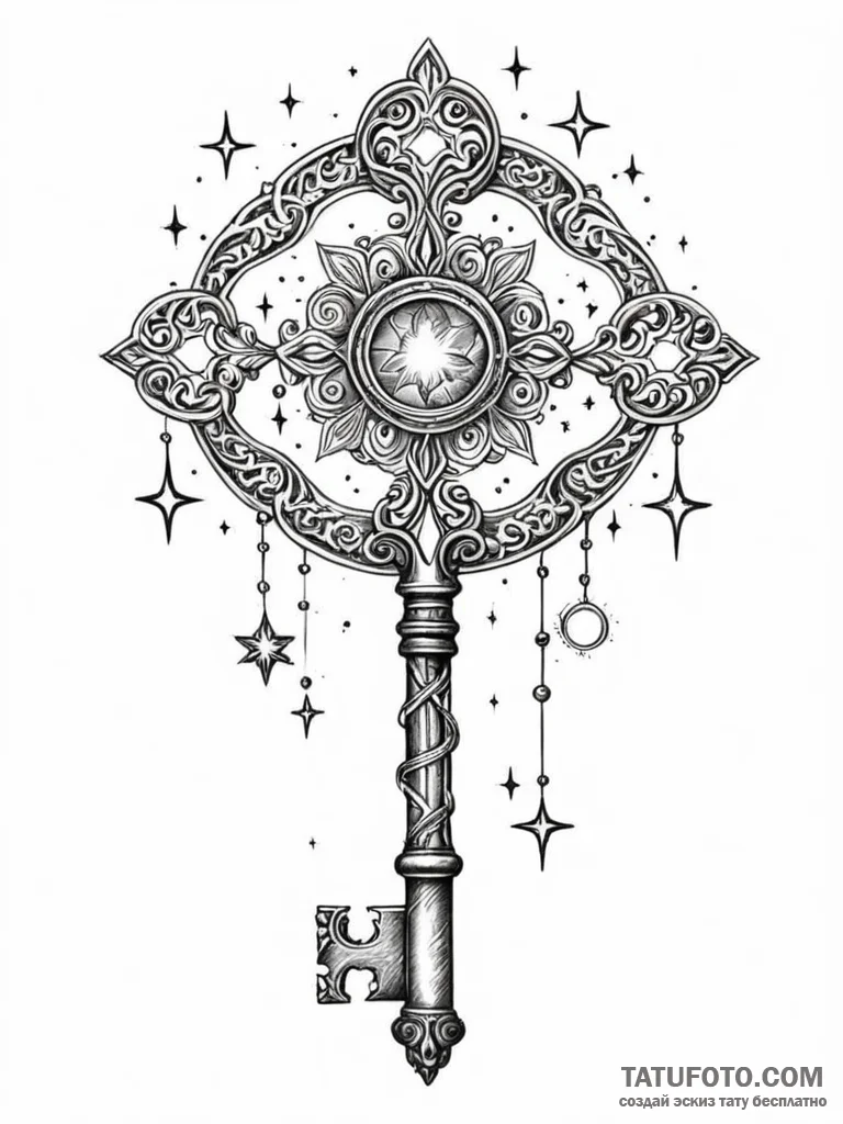 Tattoo sketch, key to the cosmos, an ornate,... - эскиз тату (№1752476429_0, 14.07.2025 07:00) — Tatufoto.com