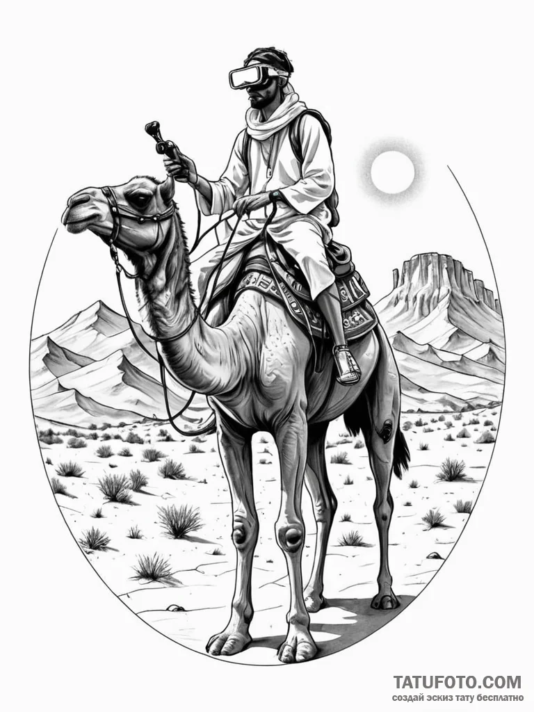 Tattoo sketch, desert nomad in vr, a lone fig... - эскиз тату (№1752476682_0, 14.07.2025 07:04) — Tatufoto.com