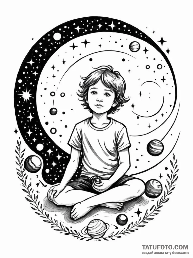 Tattoo sketch, inner child's cosmos, a styliz... - эскиз тату (№1752476935_0, 14.07.2025 07:08) — Tatufoto.com