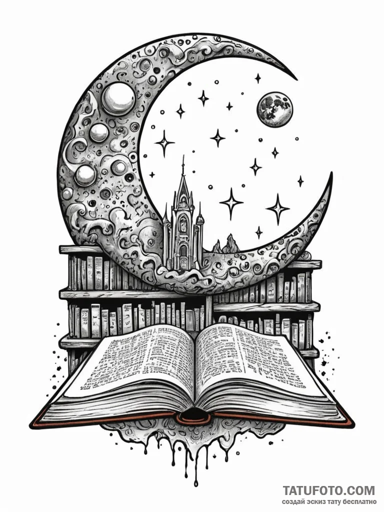 Tattoo sketch, lunar library, a vast, ancient... - эскиз тату (№1752477441_0, 14.07.2025 07:17) — Tatufoto.com