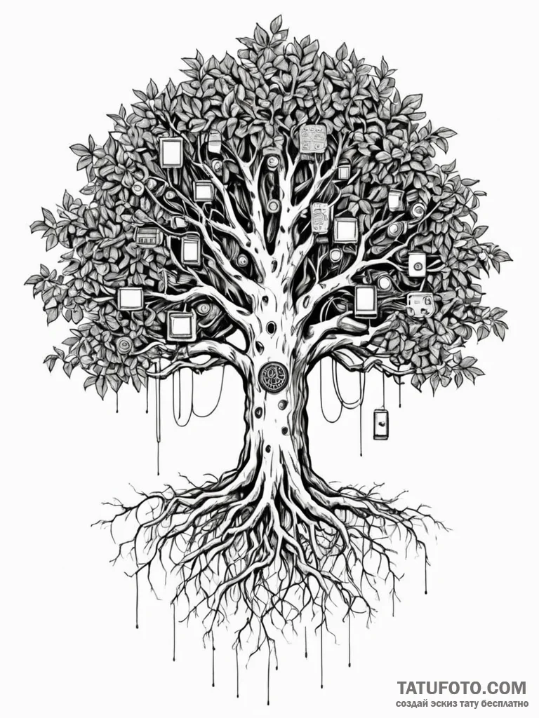 Tattoo sketch, banyan tree with roots growing... - эскиз тату (№1752477525_0, 14.07.2025 07:18) — Tatufoto.com