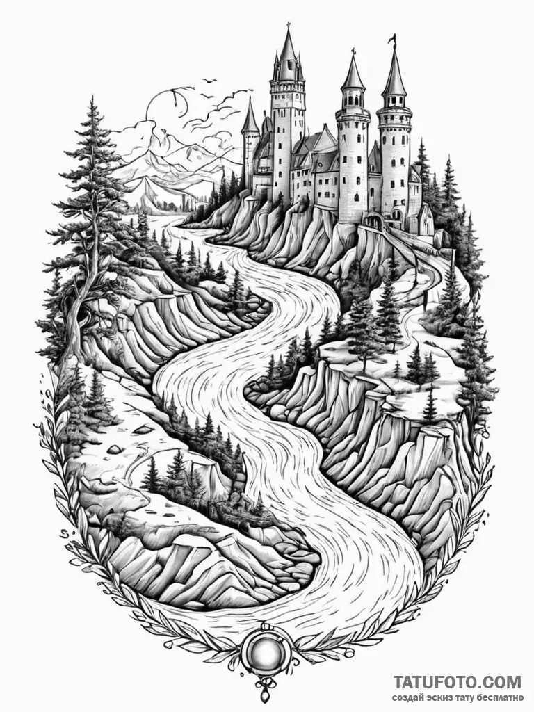 Tattoo sketch, flowing river of time, a power… — эскиз тату (№1752478028_0, 14.07.2025 07:27) — Tatufoto.com