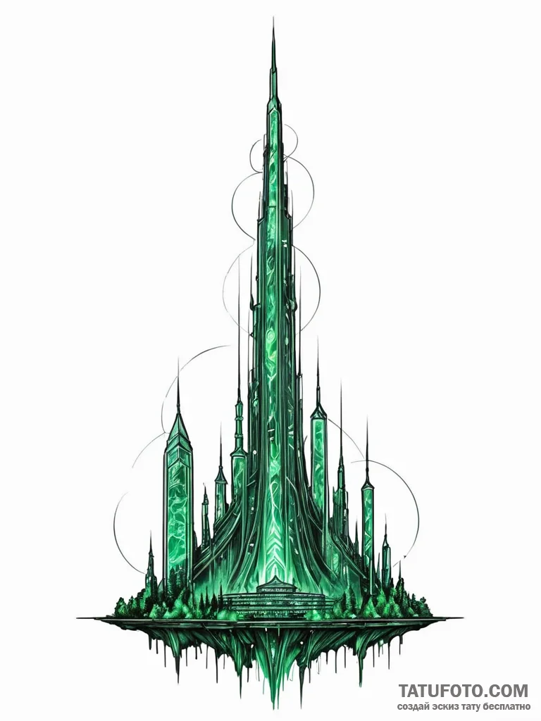 Tattoo sketch, emerald city data spire, a tow... - эскиз тату (№1752478362_0, 14.07.2025 07:32) — Tatufoto.com