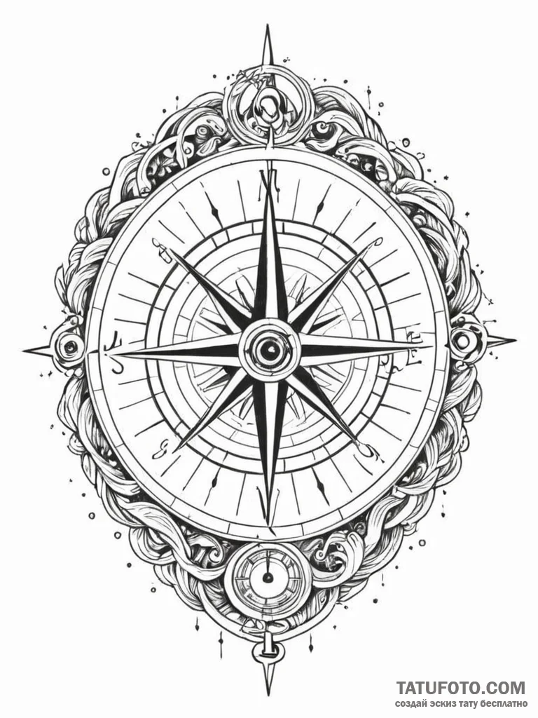 Tattoo sketch, nautical compass, cosmic curre... - эскиз тату (№1752478781_0, 14.07.2025 07:39) — Tatufoto.com