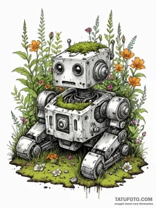 Tattoo sketch, lost robot in nature, a small,... - эскиз тату (№1752479954_0, 14.07.2025 07:59) — Tatufoto.com