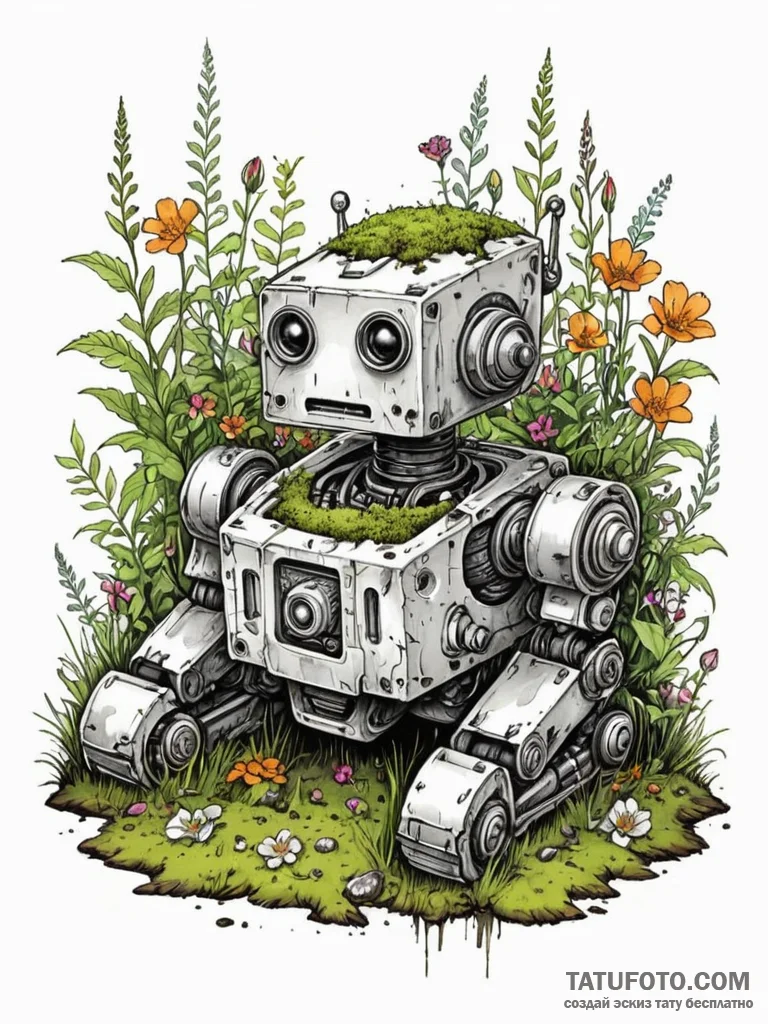 Tattoo sketch, lost robot in nature, a small,… — эскиз тату (№1752479954_0, 14.07.2025 07:59) — Tatufoto.com