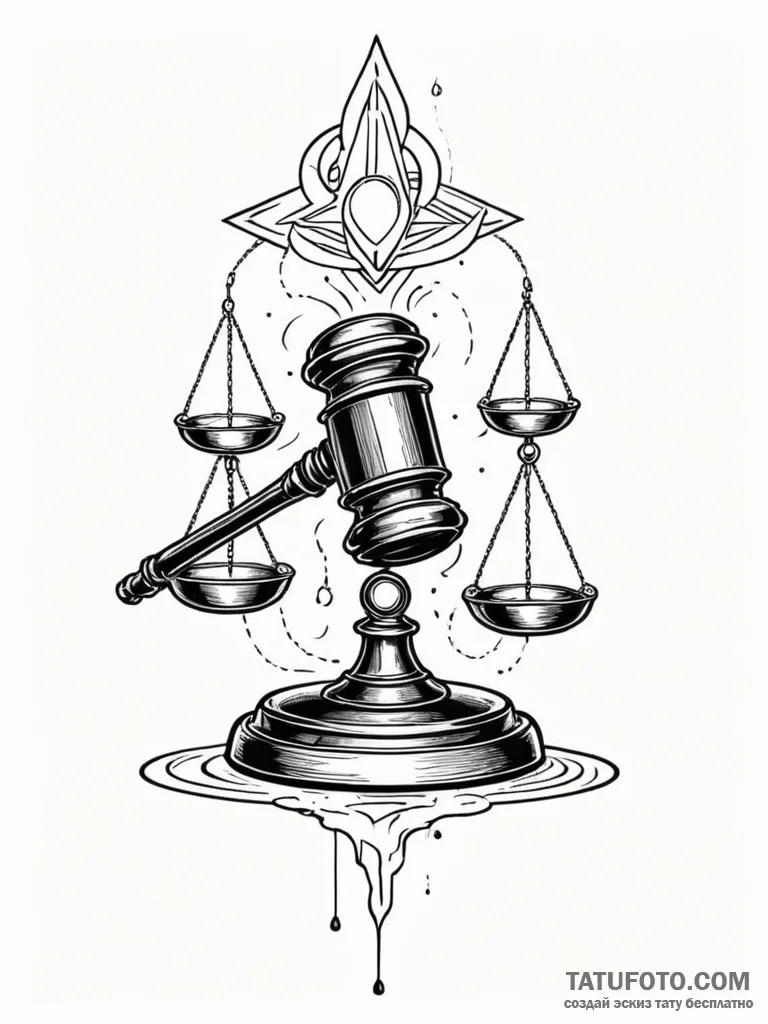 Tattoo sketch, judge's gavel, data impact, a... - эскиз тату (№1752481544_0, 14.07.2025 08:25) — Tatufoto.com
