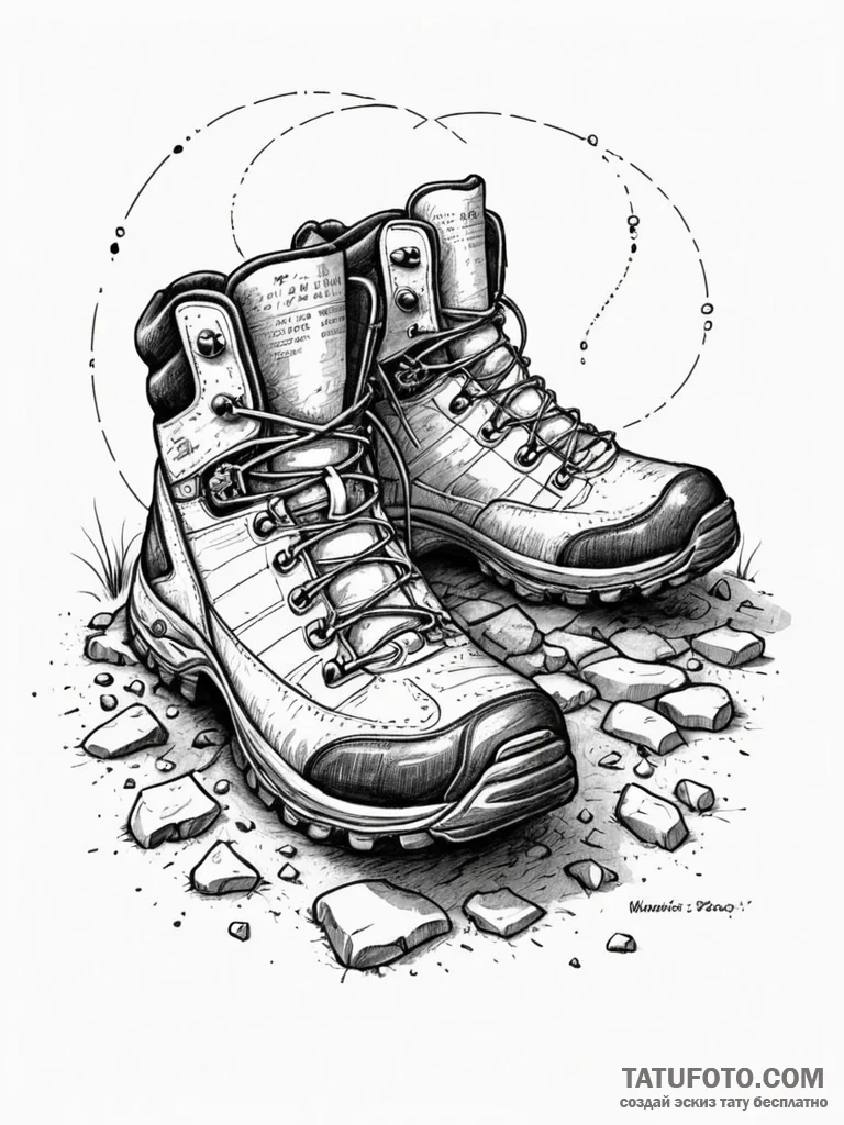 Tattoo sketch, wanderer’s weary boots, digita… — эскиз тату (№1752481627_0, 14.07.2025 08:27) — Tatufoto.com