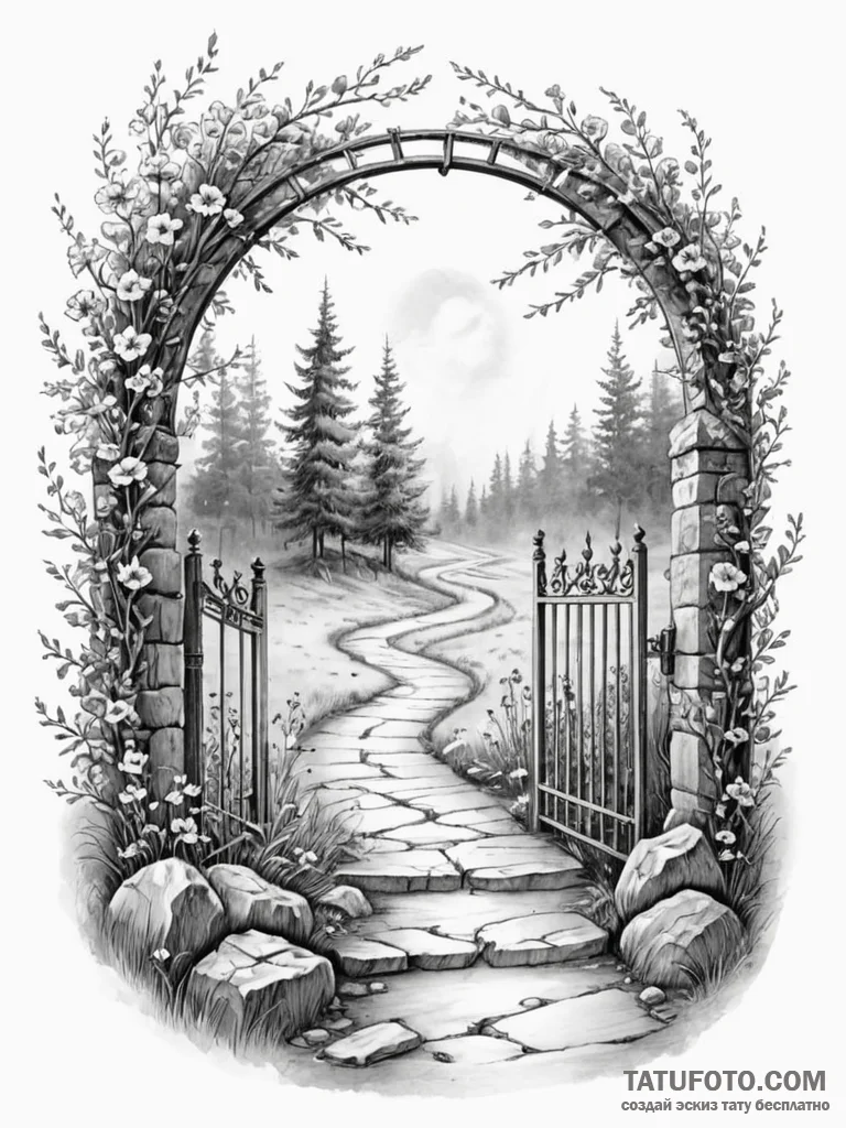 Tattoo sketch, journey’s end gate, an elegant… — эскиз тату (№1752481794_0, 14.07.2025 08:29) — Tatufoto.com
