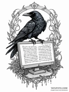 Tattoo sketch, raven's scroll of digital omen... - эскиз тату (№1752482131_0, 14.07.2025 08:35) — Tatufoto.com