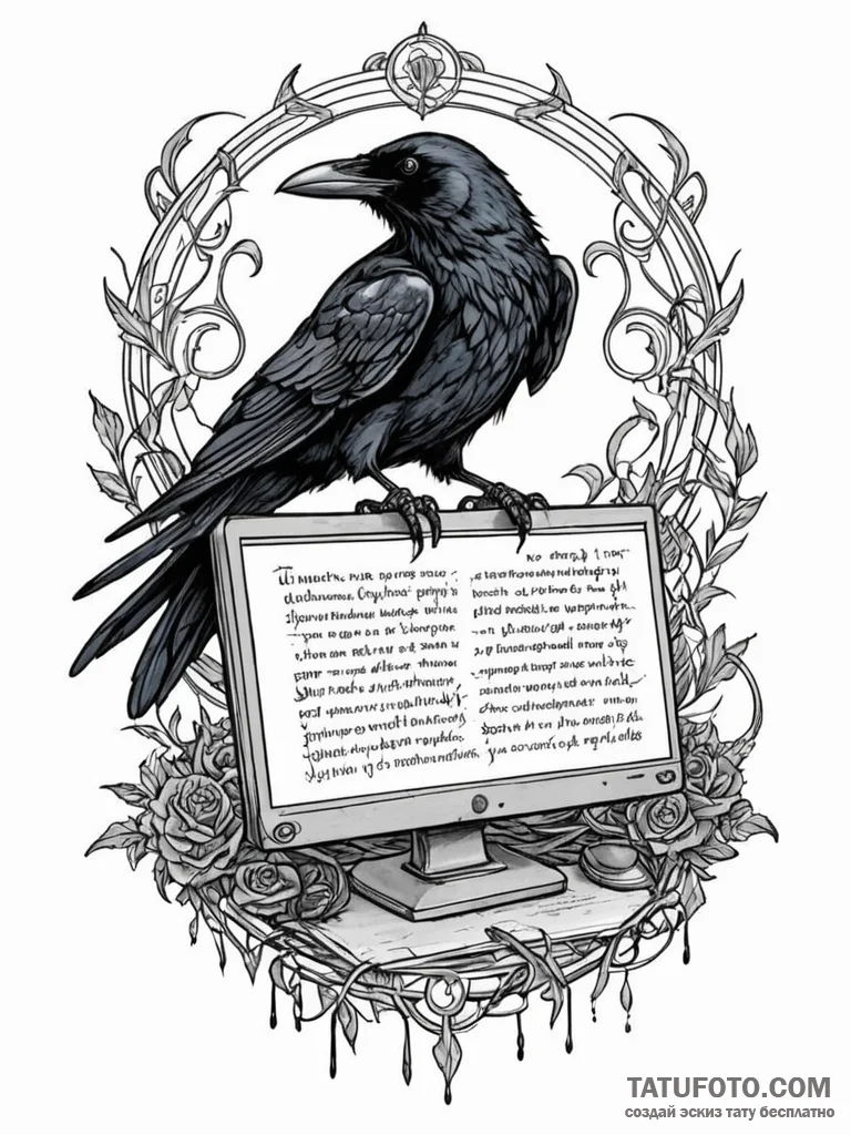 Tattoo sketch, raven's scroll of digital omen... - эскиз тату (№1752482131_0, 14.07.2025 08:35) — Tatufoto.com