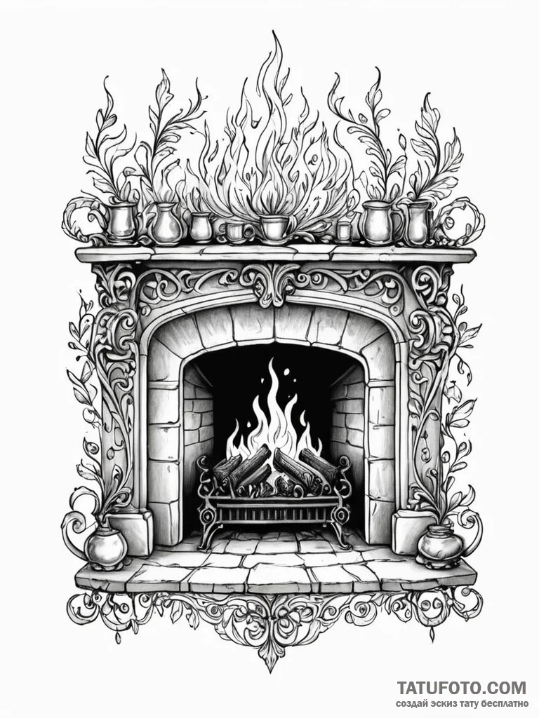 Tattoo sketch, digital hearth, a cozy firepla... - эскиз тату (№1752483388_0, 14.07.2025 08:56) — Tatufoto.com
