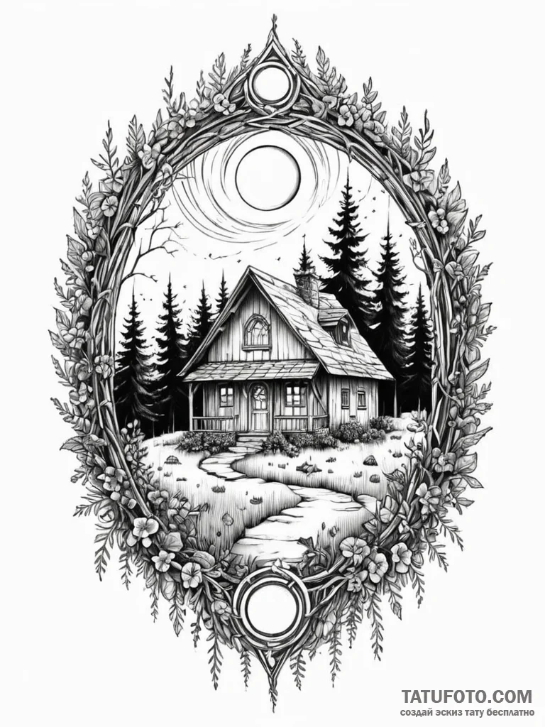 Tattoo sketch, quaint cottage, hidden quantum… — эскиз тату (№1752483554_0, 14.07.2025 08:59) — Tatufoto.com