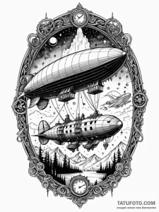 Tattoo sketch, zeppelin fleet, aurora-lit ski... - эскиз тату (№1752485735_0, 14.07.2025 09:35) — Tatufoto.com