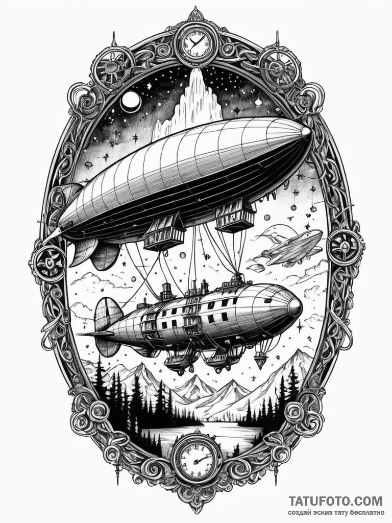 Tattoo sketch, zeppelin fleet, aurora-lit ski... - эскиз тату (№1752485735_0, 14.07.2025 09:35) — Tatufoto.com