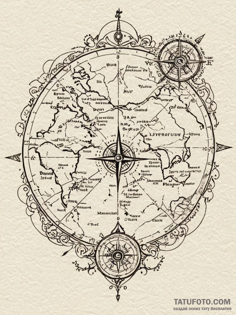 Tattoo sketch, old map, digital overlay, an a... - эскиз тату (№1752486913_0, 14.07.2025 09:55) — Tatufoto.com