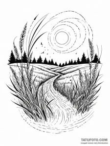 Tattoo sketch, wind-swept grass, data ripples... - эскиз тату (№1752487332_0, 14.07.2025 10:02) — Tatufoto.com
