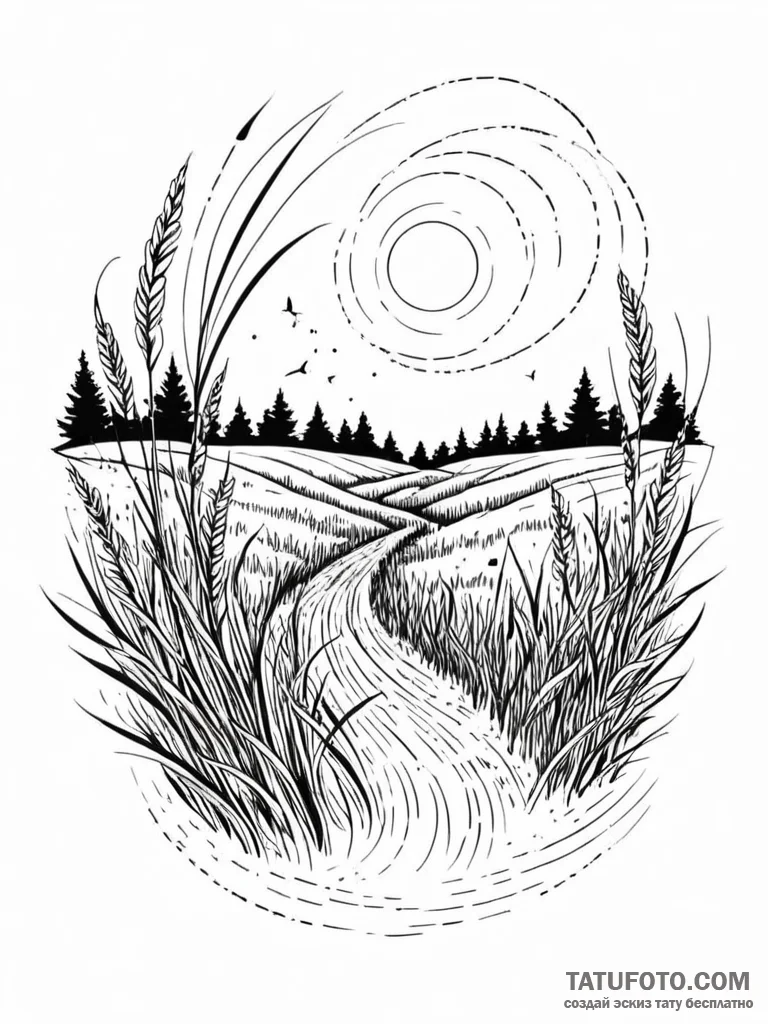 Tattoo sketch, wind-swept grass, data ripples... - эскиз тату (№1752487332_0, 14.07.2025 10:02) — Tatufoto.com