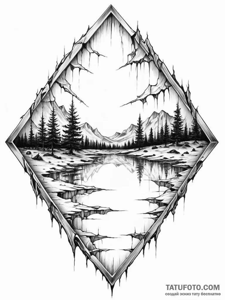 Tattoo sketch, broken mirror reflecting a dis... - эскиз тату (№1752488084_0, 14.07.2025 10:14) — Tatufoto.com