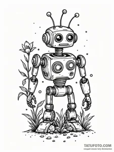 Tattoo sketch, whimsical robot gardener, a sm... - эскиз тату (№1752488167_0, 14.07.2025 10:16) — Tatufoto.com
