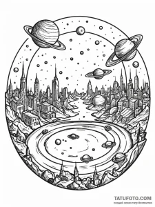 Tattoo sketch, orbital ring cityscape, a slee... - эскиз тату (№1752488712_0, 14.07.2025 10:25) — Tatufoto.com