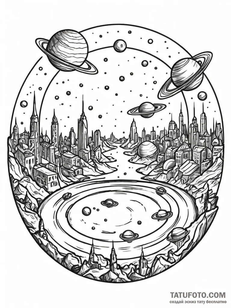 Tattoo sketch, orbital ring cityscape, a slee... - эскиз тату (№1752488712_0, 14.07.2025 10:25) — Tatufoto.com