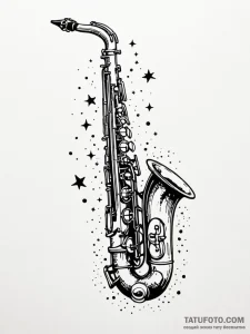 Tattoo sketch, jazz saxophone, cosmic notes,... - эскиз тату (№1752488879_0, 14.07.2025 10:27) — Tatufoto.com