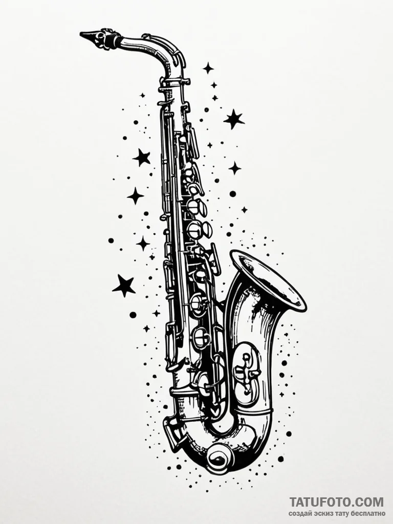 Tattoo sketch, jazz saxophone, cosmic notes,… — эскиз тату (№1752488879_0, 14.07.2025 10:27) — Tatufoto.com