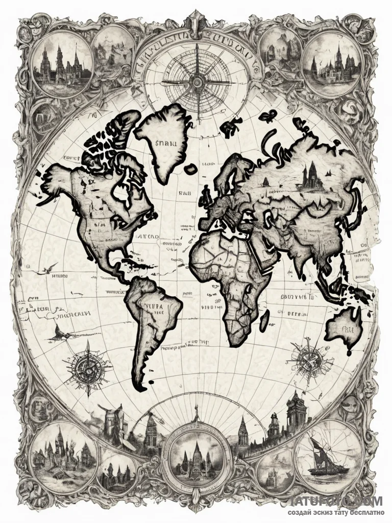 Tattoo sketch, haunted historical map, an ant... - эскиз тату (№1752489969_0, 14.07.2025 10:46) — Tatufoto.com