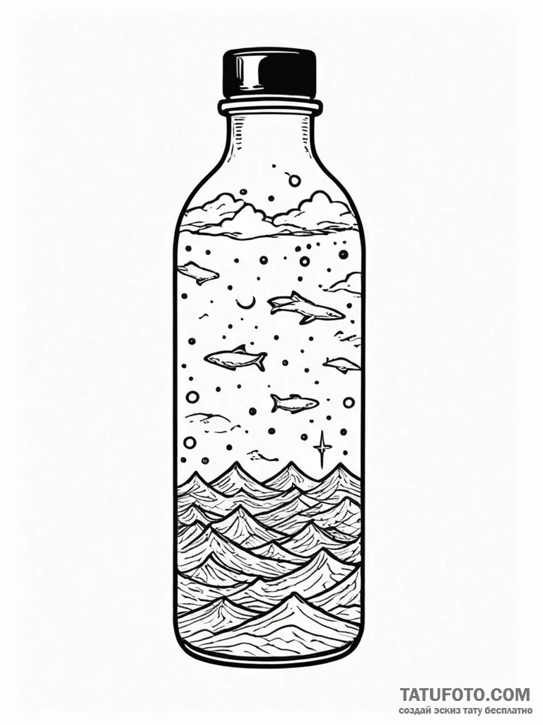 Tattoo sketch, bottled message floating in a... - эскиз тату (№1752490552_0, 14.07.2025 10:55) — Tatufoto.com
