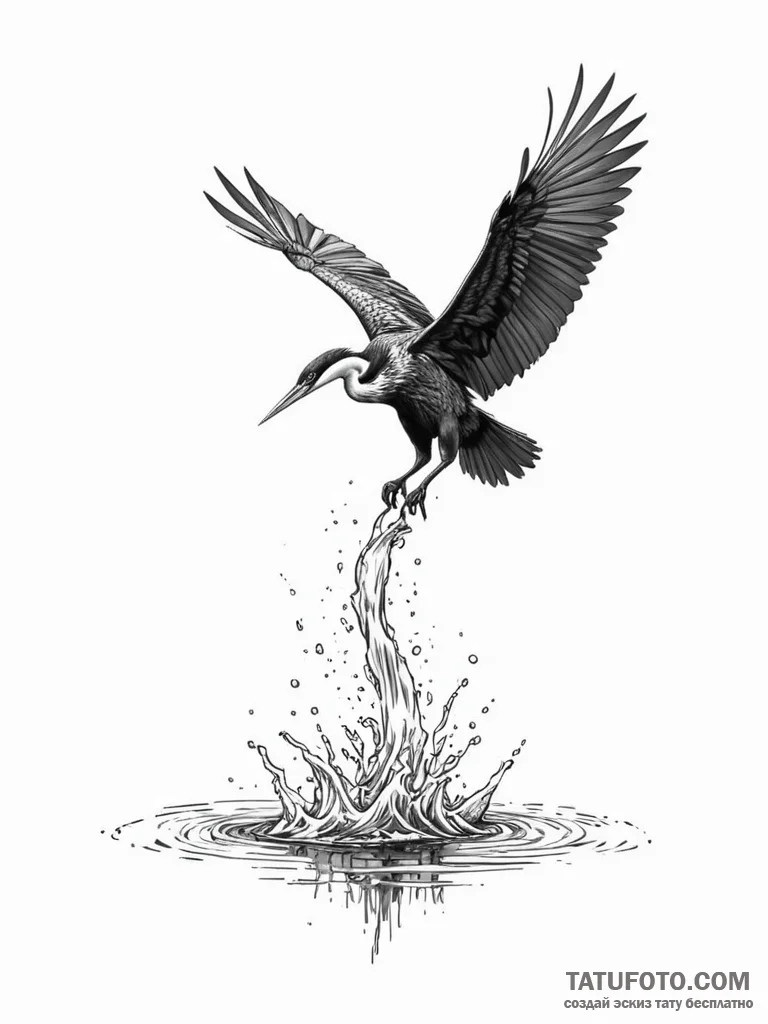 Tattoo sketch, anhinga bird diving into a pix… — эскиз тату (№1752490635_0, 14.07.2025 10:57) — Tatufoto.com