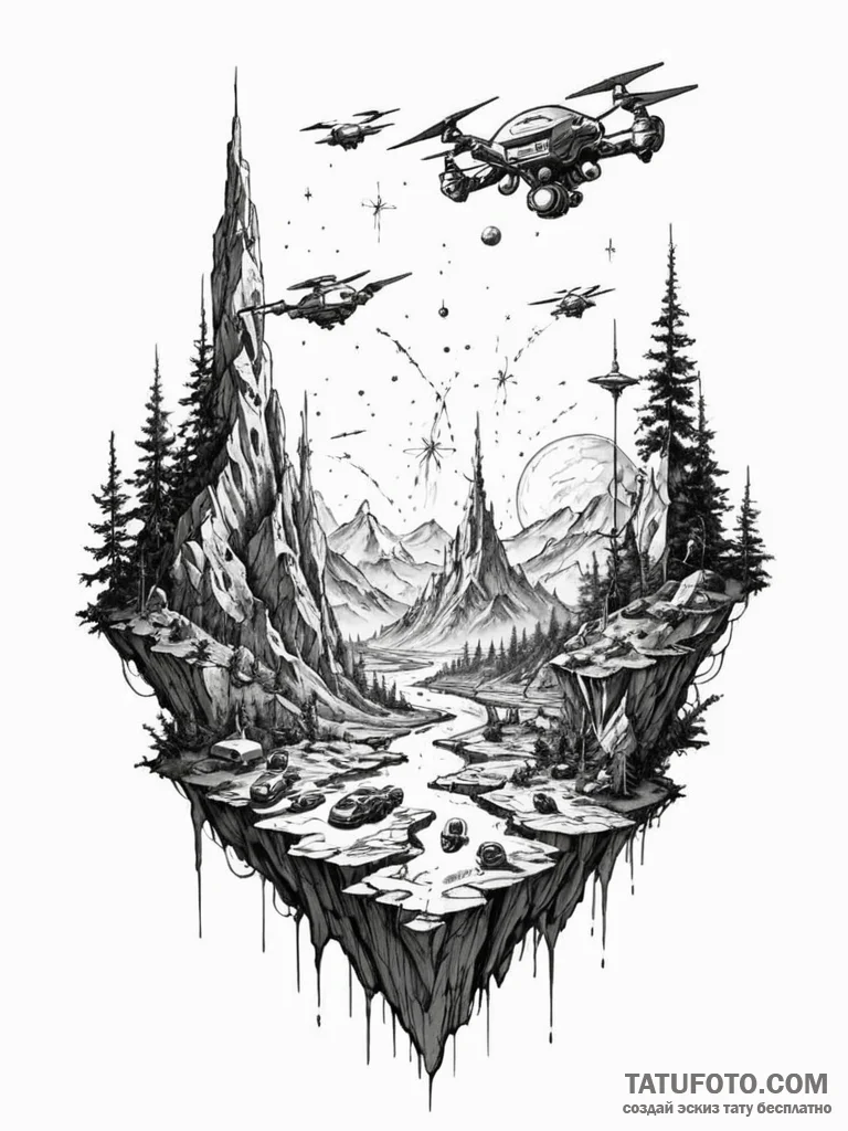 Tattoo sketch, terraforming drone swarm, a dy... - эскиз тату (№1752490884_0, 14.07.2025 11:01) — Tatufoto.com