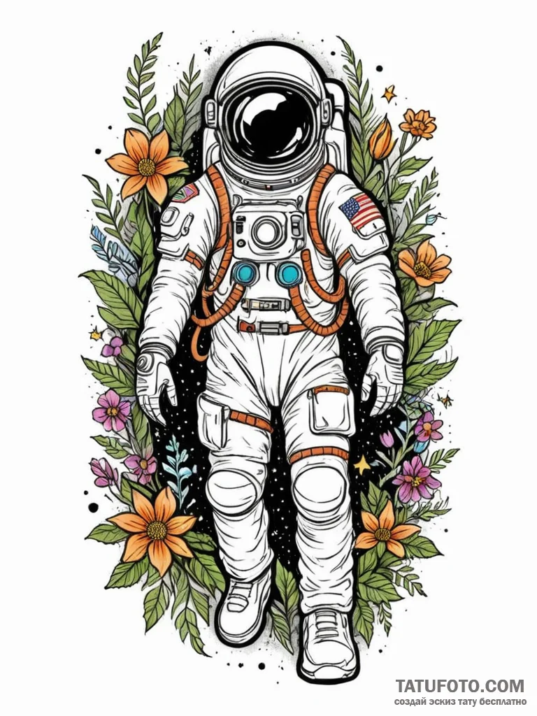 Tattoo sketch, ethereal astronaut in nature,... - эскиз тату (№1752491052_0, 14.07.2025 11:04) — Tatufoto.com