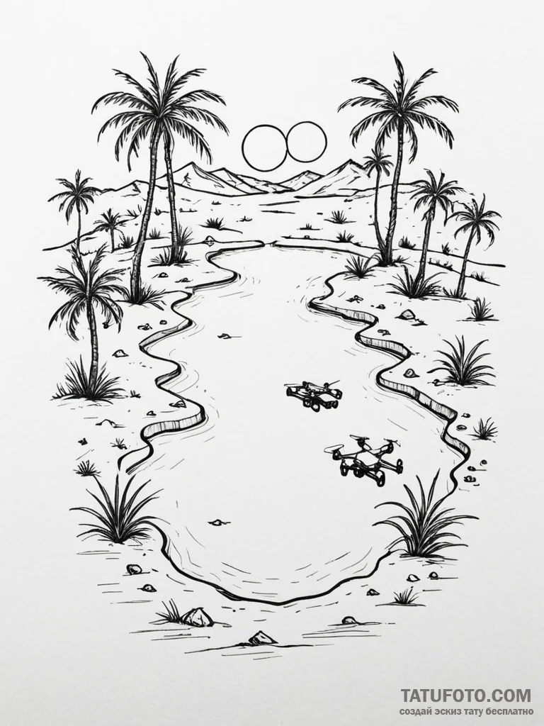 Tattoo sketch, deserted drone oasis, a desola... - эскиз тату (№1752491304_0, 14.07.2025 11:08) — Tatufoto.com