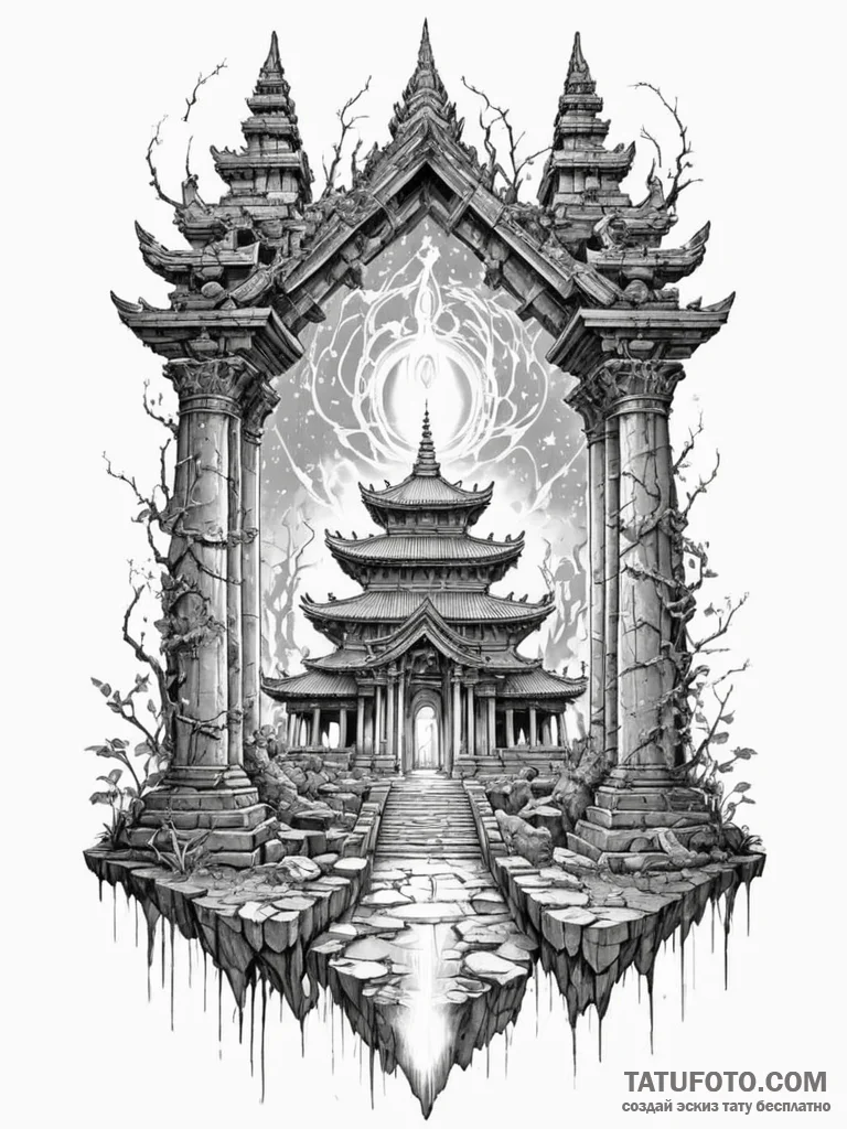 Tattoo sketch, forgotten temple, holographic... - эскиз тату (№1752493063_0, 14.07.2025 11:37) — Tatufoto.com
