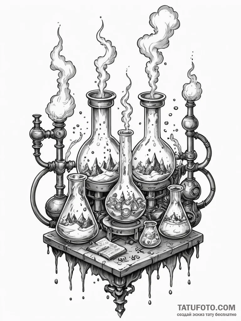 Tattoo sketch, alchemist's lab, intricately d... - эскиз тату (№1752493145_0, 14.07.2025 11:39) — Tatufoto.com