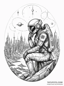 Tattoo sketch, ancient astronaut contemplatin... - эскиз тату (№1752493434_0, 14.07.2025 11:43) — Tatufoto.com