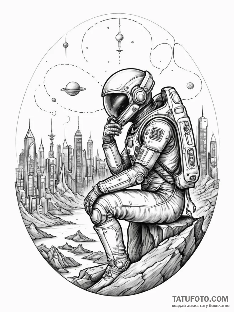 Tattoo sketch, ancient astronaut contemplatin... - эскиз тату (№1752493434_0, 14.07.2025 11:43) — Tatufoto.com