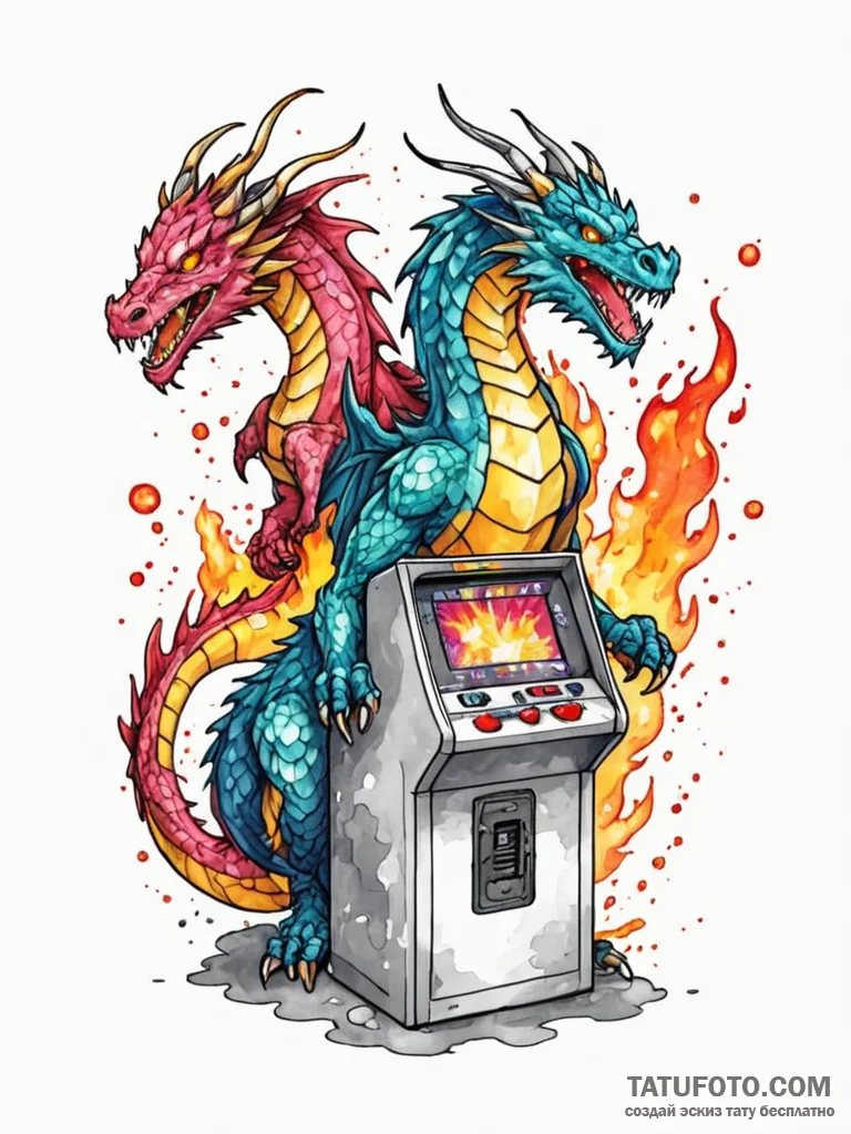 Tattoo sketch, nostalgic arcade pixel dragon,... - эскиз тату (№1752493689_0, 14.07.2025 11:48) — Tatufoto.com