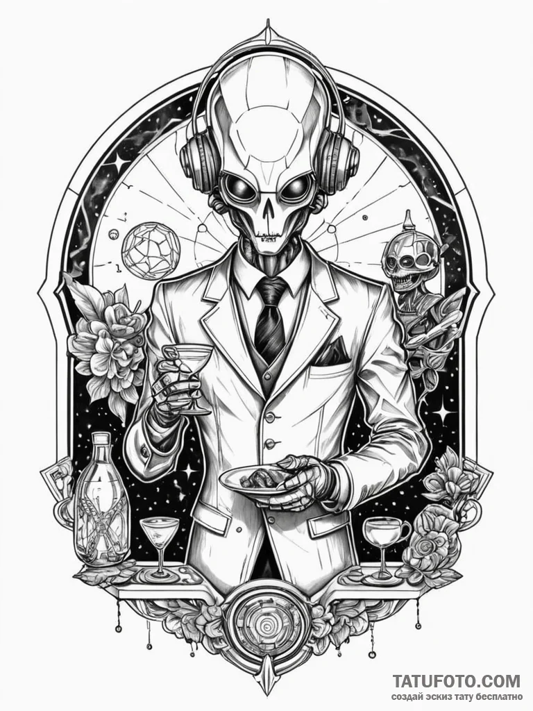 Tattoo sketch, baroque-style robot butler ser... - эскиз тату (№1752494899_0, 14.07.2025 12:08) — Tatufoto.com