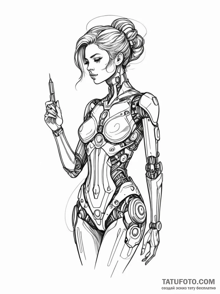 Tattoo sketch, muse of the machine, a serene,... - эскиз тату (№1752494982_0, 14.07.2025 12:09) — Tatufoto.com
