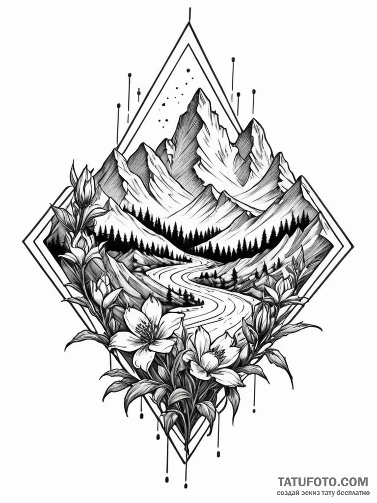 Tattoo sketch, jagged landscape, blooming cod… — эскиз тату (№1752495401_0, 14.07.2025 12:16) — Tatufoto.com