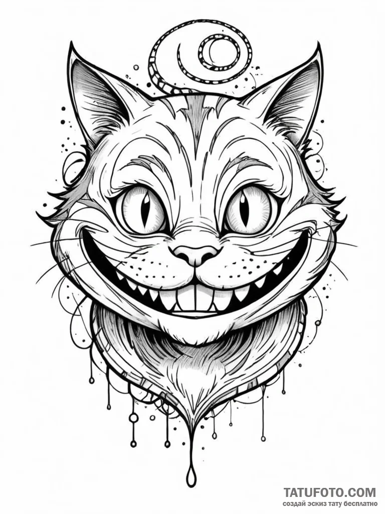 Tattoo sketch, grinning cheshire cat, digital... - эскиз тату (№1752495485_0, 14.07.2025 12:18) — Tatufoto.com