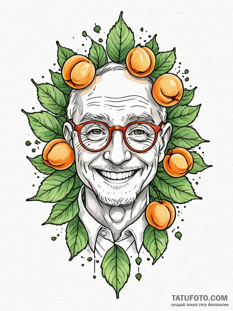 Tattoo sketch, apricot as a wise old smiling... - эскиз тату (№1752495989_0, 14.07.2025 12:26) — Tatufoto.com