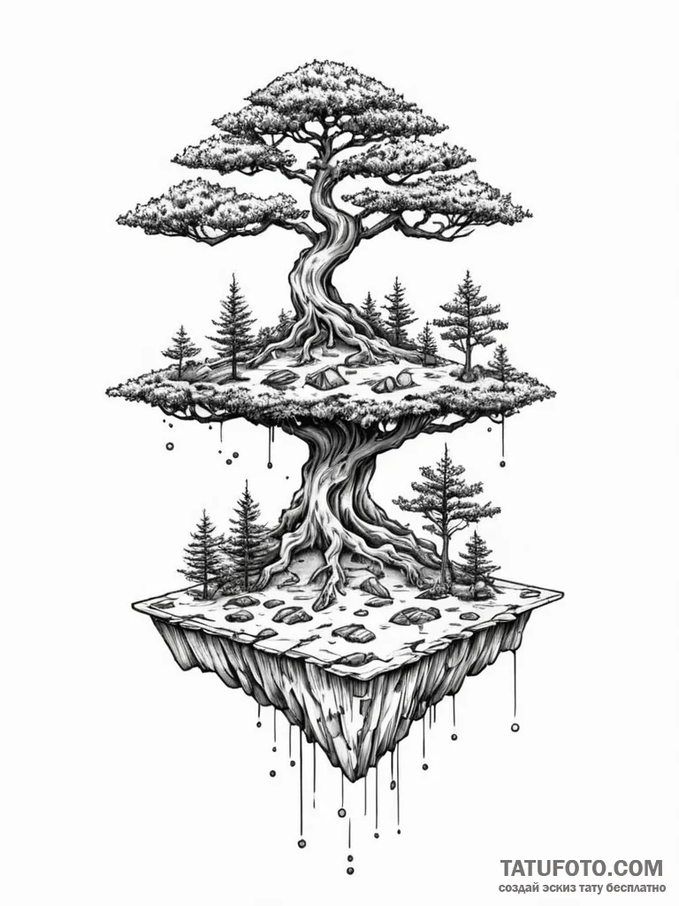 Tattoo sketch, bonsai tree growing on a tiny,... - эскиз тату (№1752496321_0, 14.07.2025 12:32) — Tatufoto.com