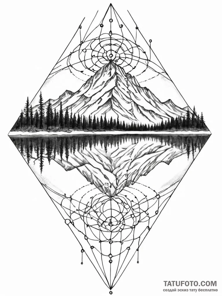 Tattoo sketch, mirrored mountain of mind, a c... - эскиз тату (№1752496820_0, 14.07.2025 12:40) — Tatufoto.com