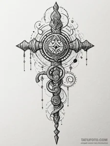 Tattoo sketch, shamanic staff, data totems, a... - эскиз тату (№1752496903_0, 14.07.2025 12:41) — Tatufoto.com