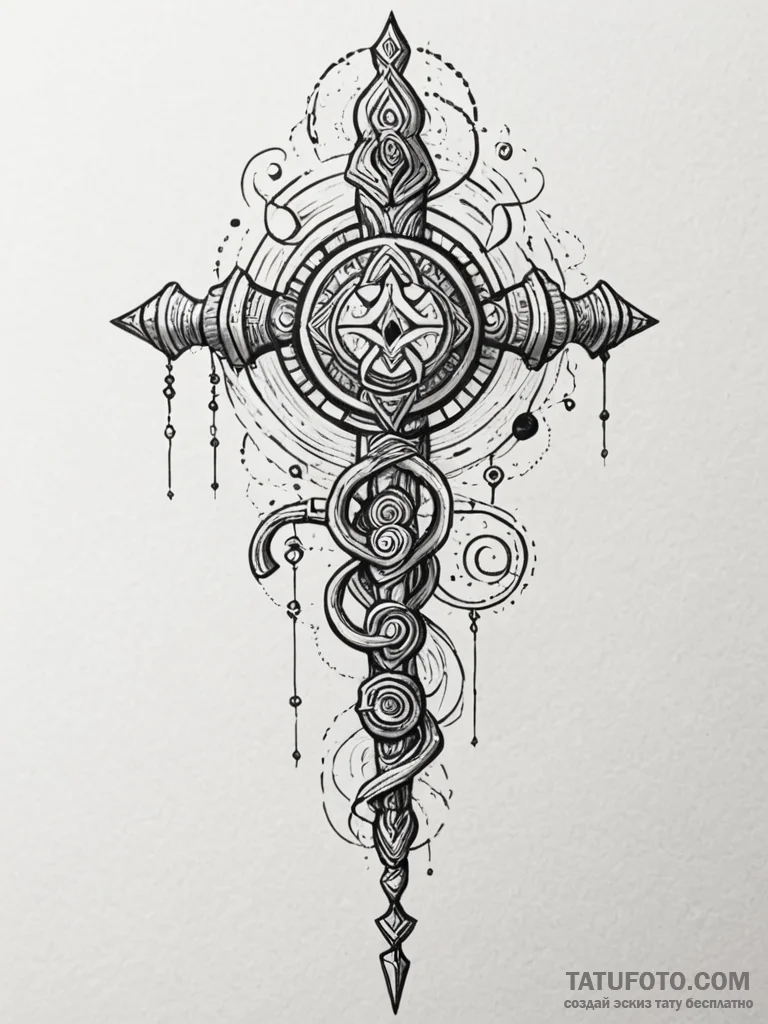 Tattoo sketch, shamanic staff, data totems, a… — эскиз тату (№1752496903_0, 14.07.2025 12:41) — Tatufoto.com