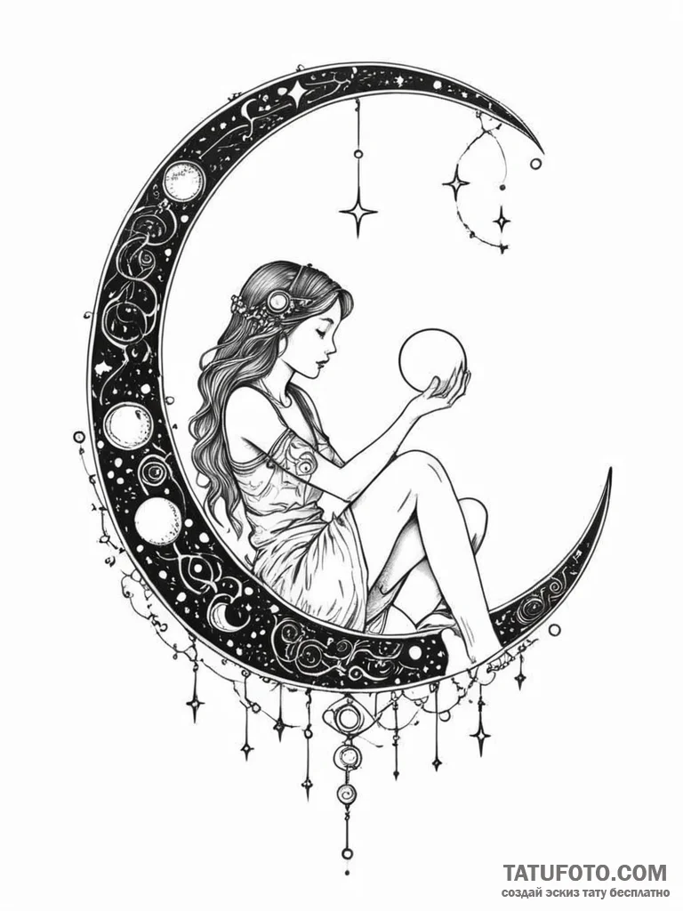 Tattoo sketch, young moon, cybernetic cradle,... - эскиз тату (№1752497407_0, 14.07.2025 12:50) — Tatufoto.com